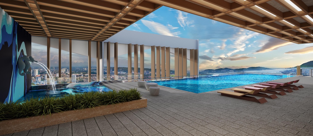 Wavescape infinity pool at Axis Tower, Causewayz Square @ JBCC, featuring a rooftop leisure deck with poolside lounge spaces.