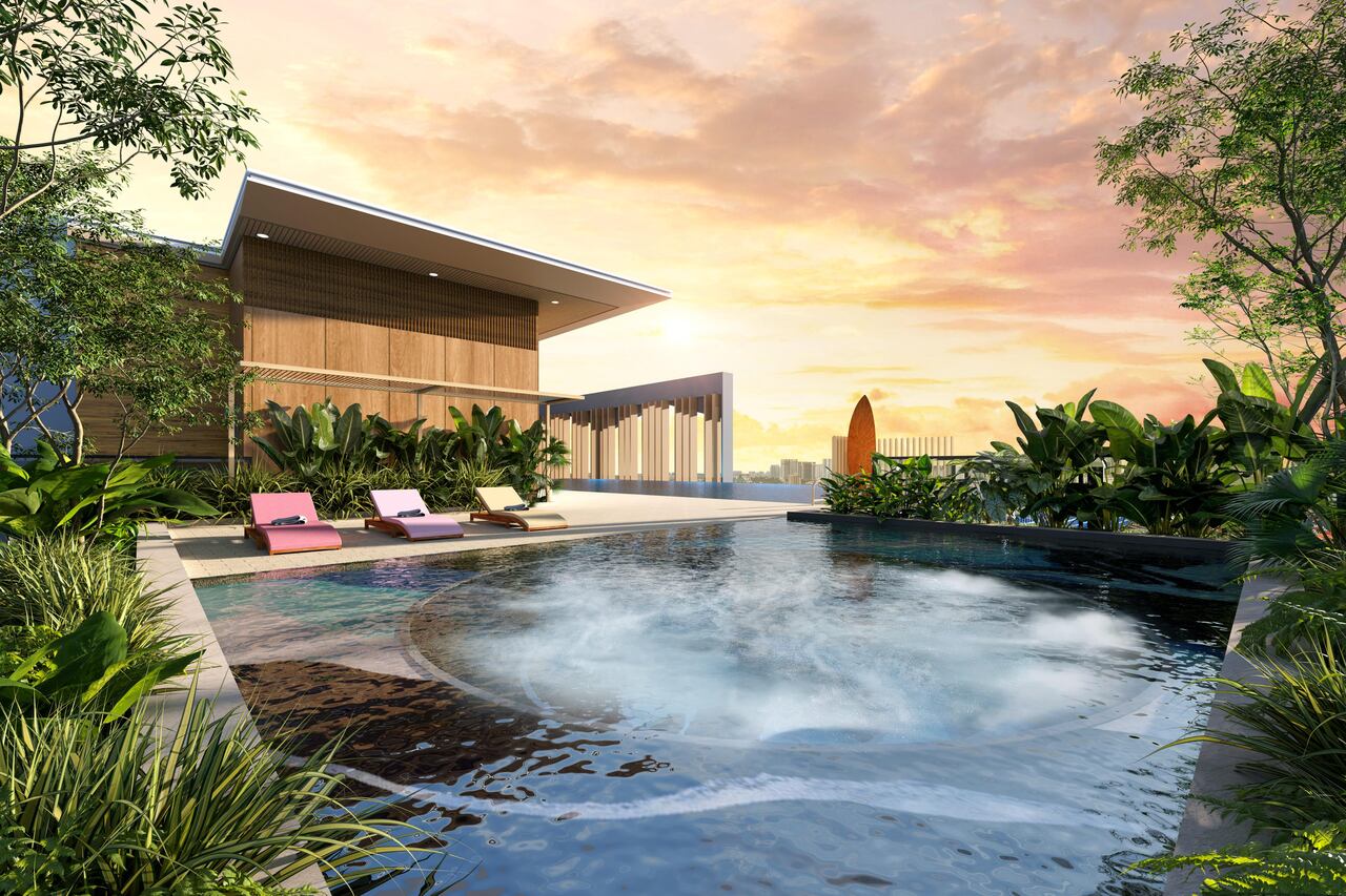 Axis Tower jacuzzi lounge at Causewayz Square @ JBCC with poolside relaxation area and landscaped rooftop setting.