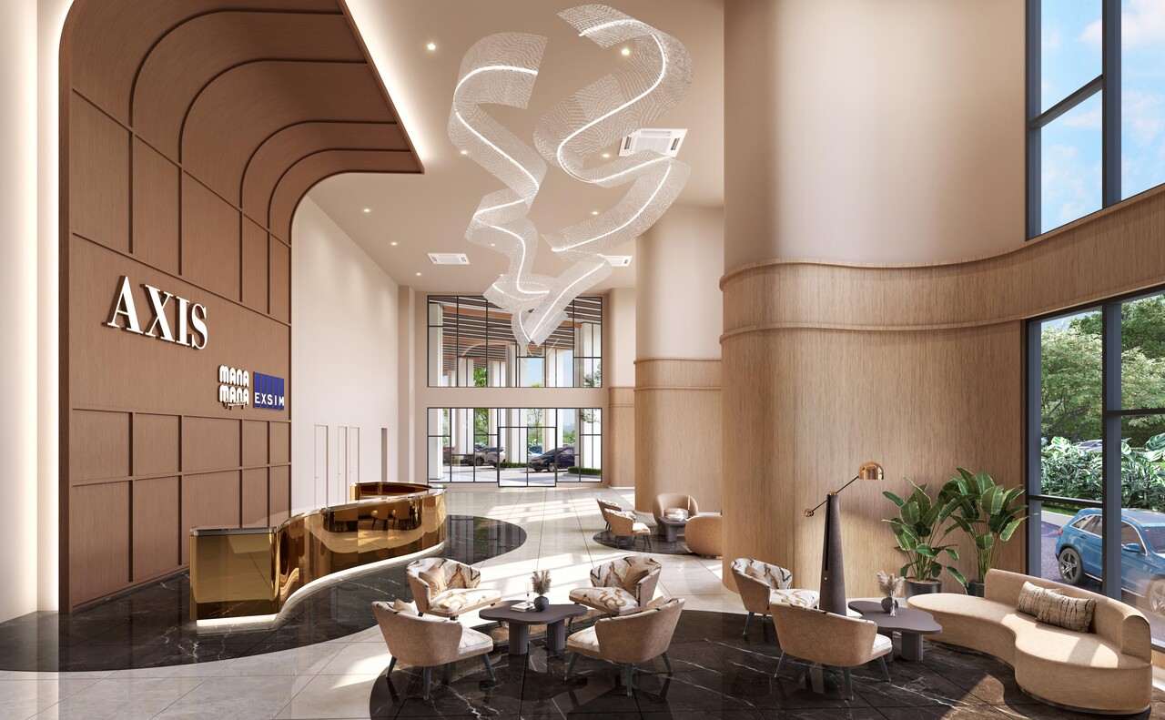 Axis Tower lobby lounge at Causewayz Square @ JBCC with reception area, seating lounge and modern interior design.