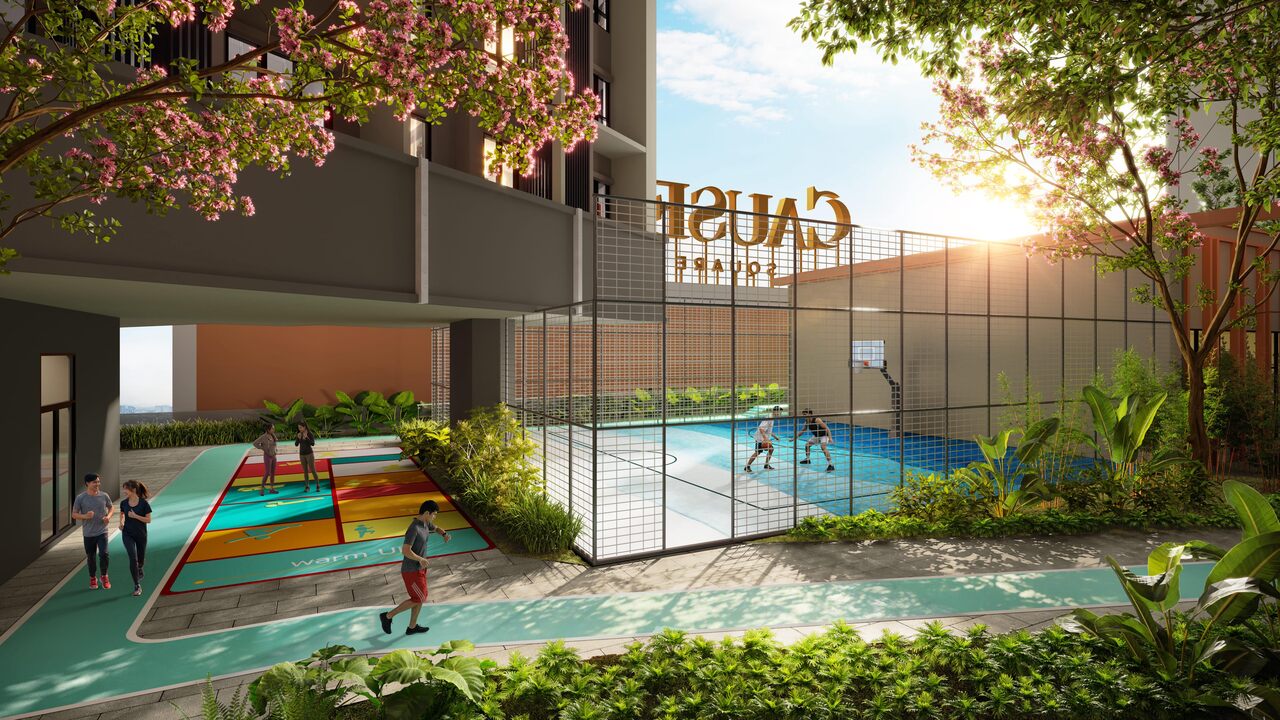 Basketball court facilities at Causewayz Square @ JBCC with outdoor sports area and landscaped residential surroundings.