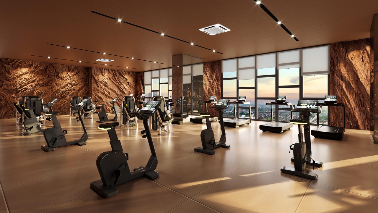 Fitness studio cardio gym at Causewayz Square @ JBCC with treadmill, cycling and strength training equipment.