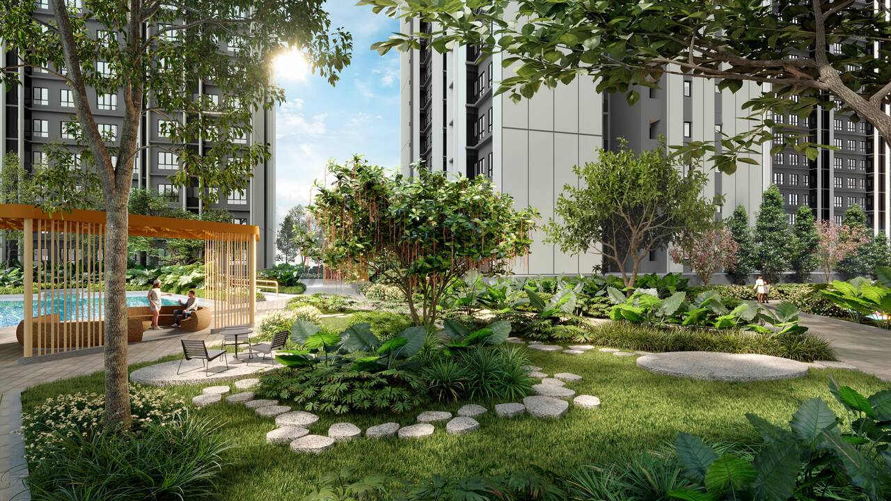 Forest Walk landscape at Causewayz Square @ JBCC, featuring garden pathways and outdoor relaxation areas.
