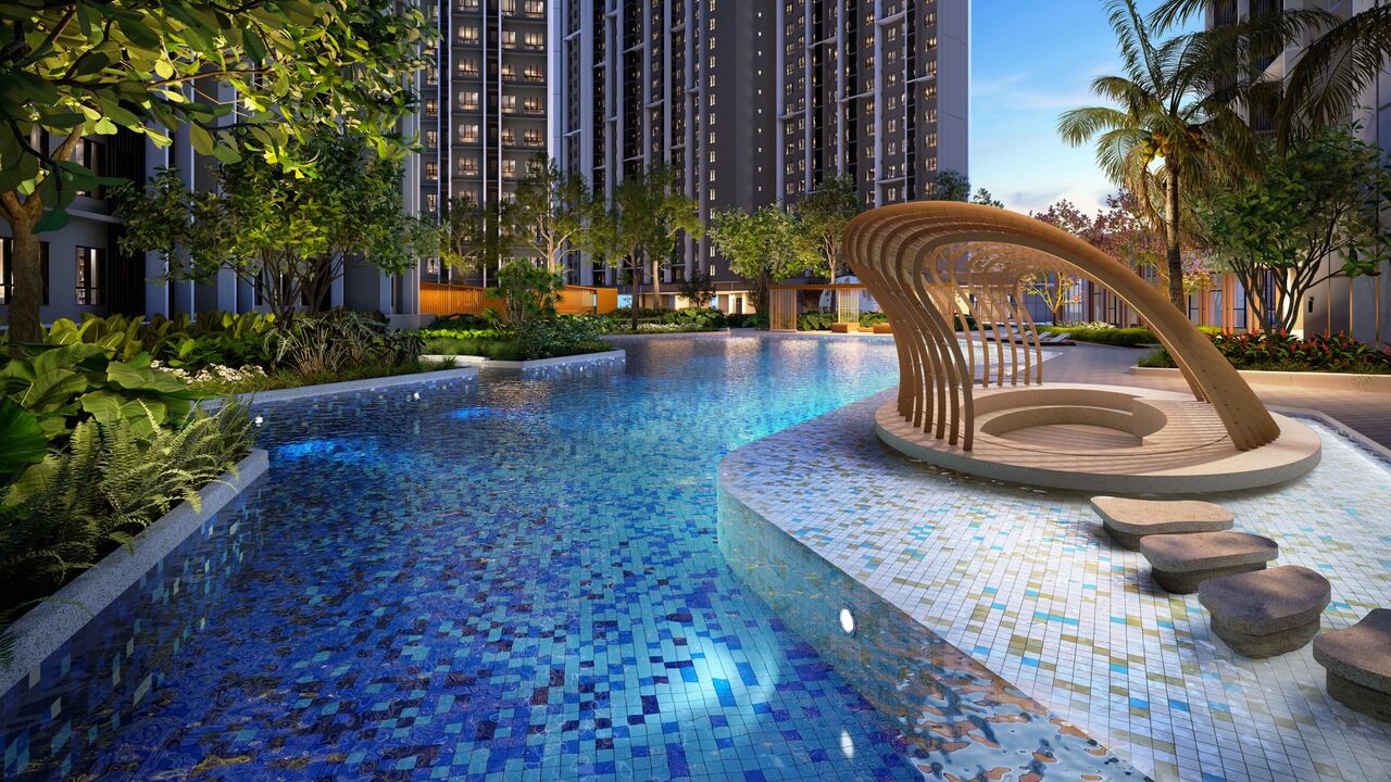 Horizon pool facilities at Causewayz Square @ JBCC with landscaped surroundings and leisure seating areas.