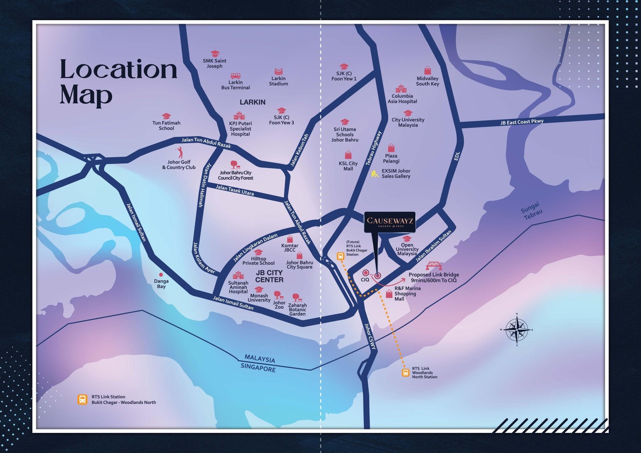 Location map of Causewayz Square @ JBCC near Johor Bahru CIQ, JB Sentral, RTS Link Bukit Chagar Station and surrounding JBCC amenities.