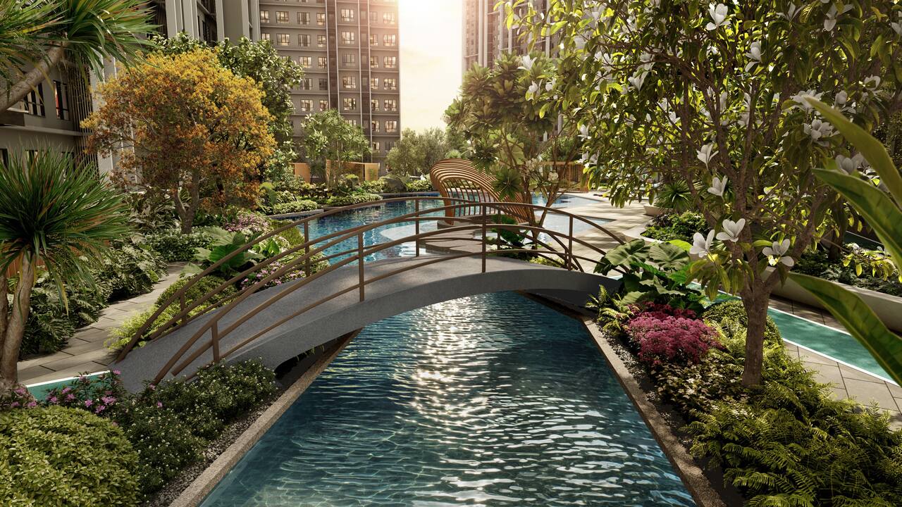 Moon Bridge landscape at Causewayz Square @ JBCC with water feature, garden walkway and landscaped facilities area.