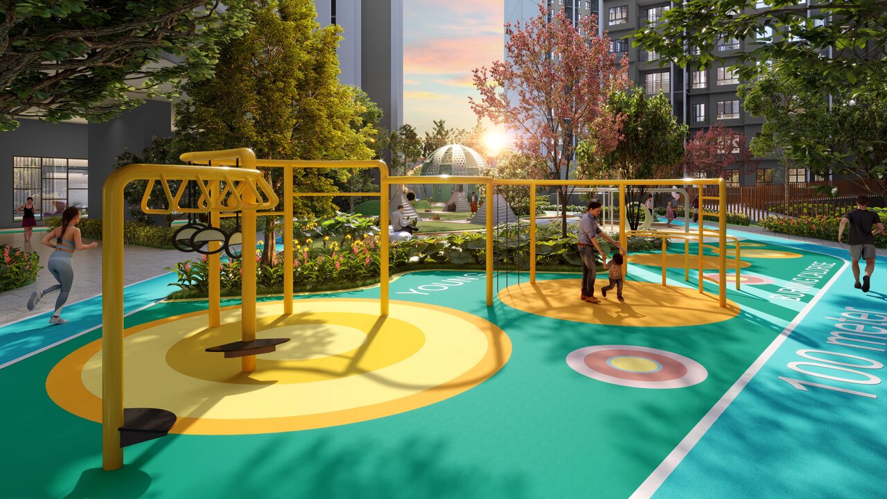 Outdoor gym facilities at Causewayz Square @ JBCC with exercise stations and landscaped activity zones.