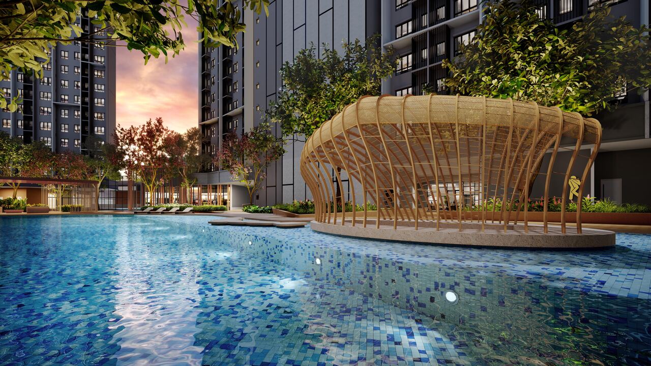 Pearl Pavilion facility at Causewayz Square @ JBCC with poolside seating and landscaped leisure spaces.