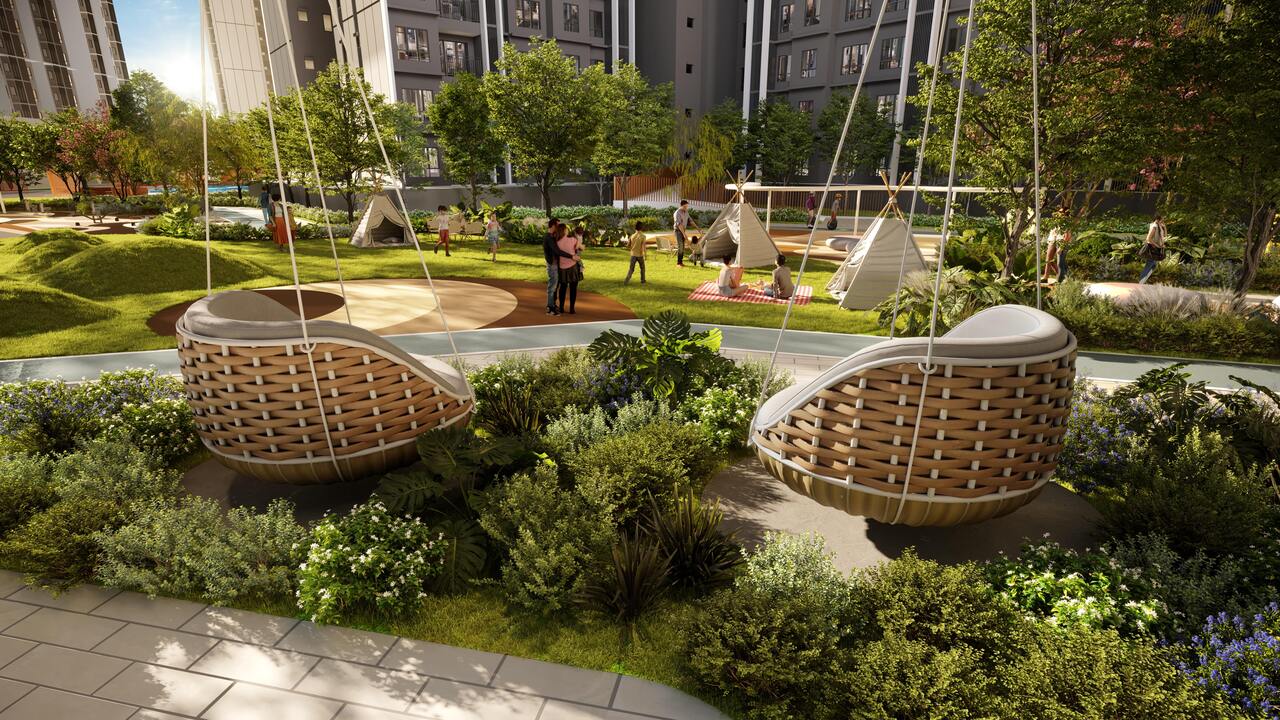 Swing Rest garden at Causewayz Square @ JBCC with hanging seats, landscaped greenery and outdoor family leisure space.