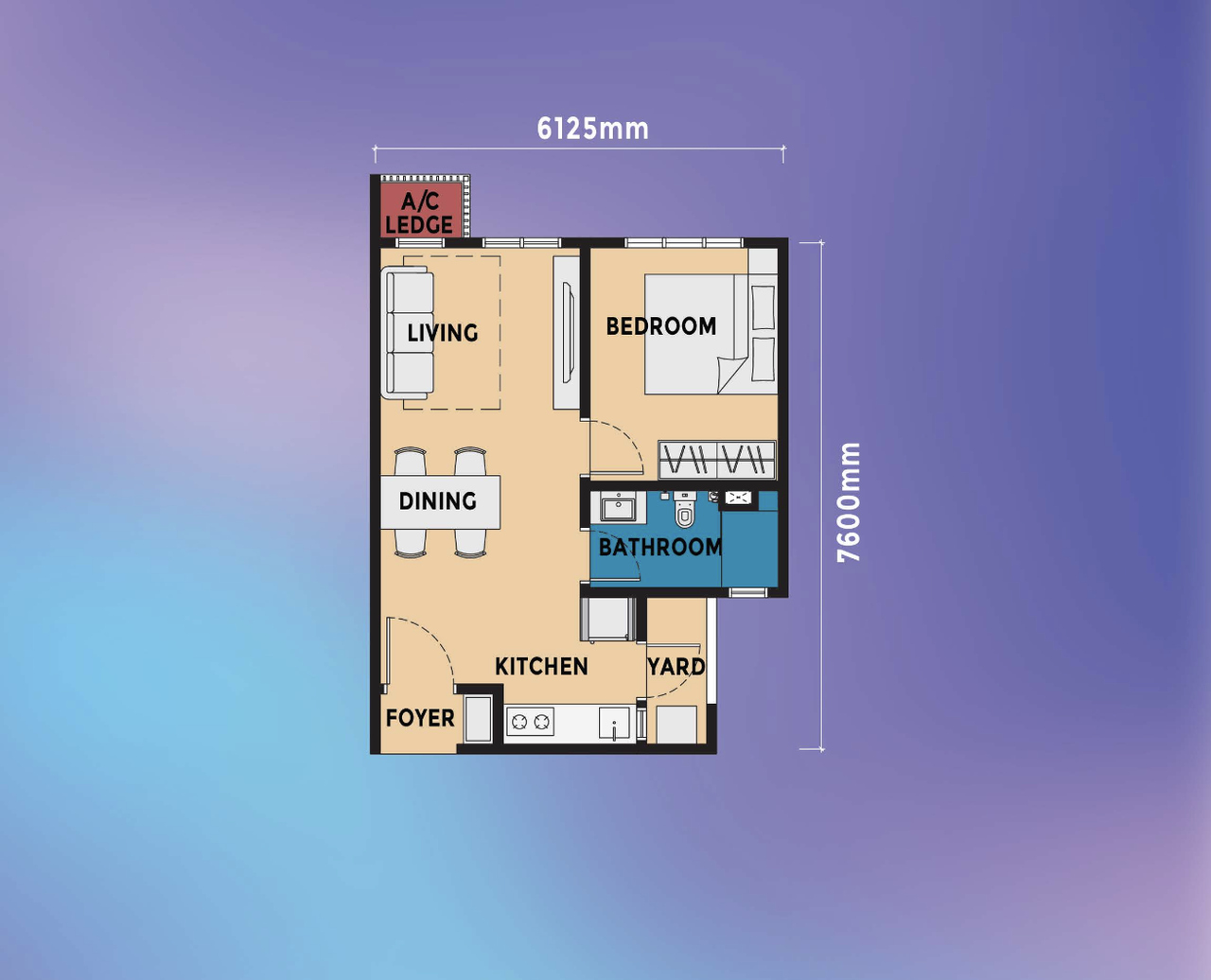 Type C 1-bedroom layout plan for Brixton Tower and Dover Tower at Causewayz Square @ JBCC, with approximately 474 sq.ft. built-up area.