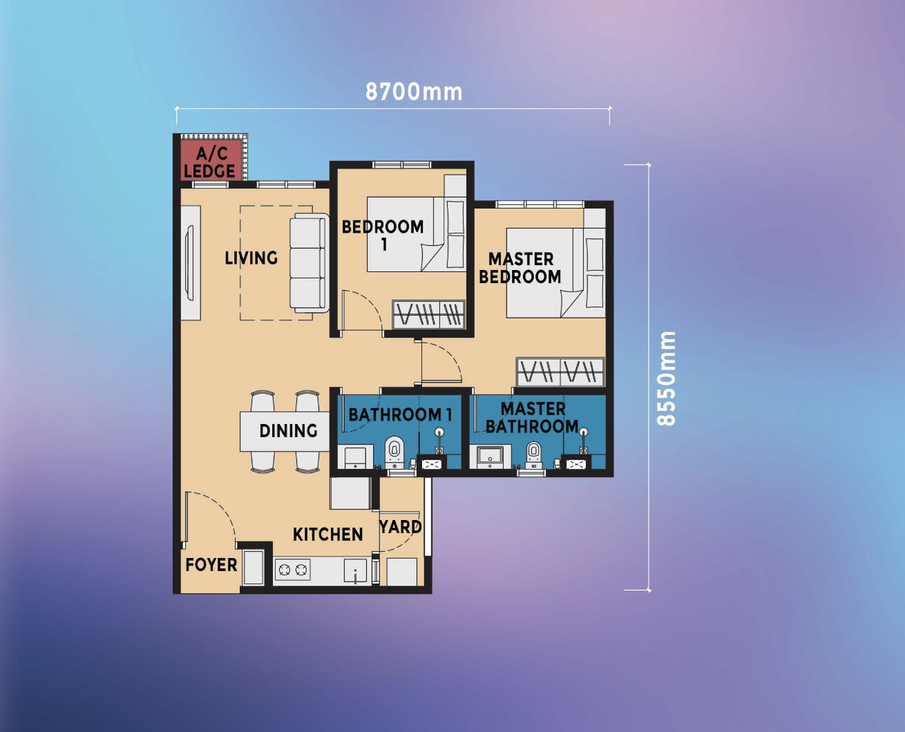 Type D1 2-bedroom layout plan for Brixton Tower and Dover Tower at Causewayz Square @ JBCC, with approximately 667 sq.ft. built-up area