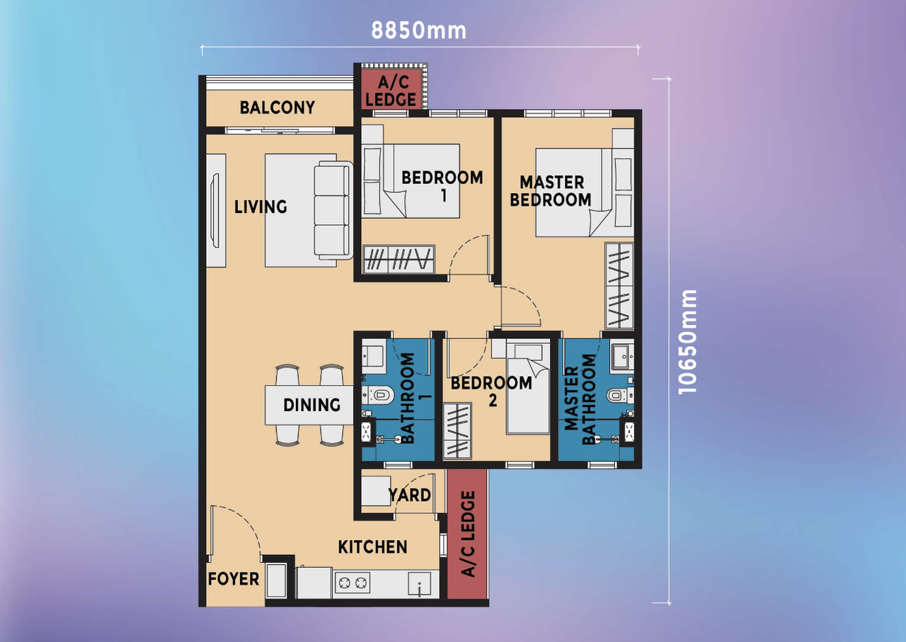 Type E1 3-bedroom layout plan for Brixton Tower and Dover Tower at Causewayz Square @ JBCC, with approximately 850 sq.ft. built-up area.
