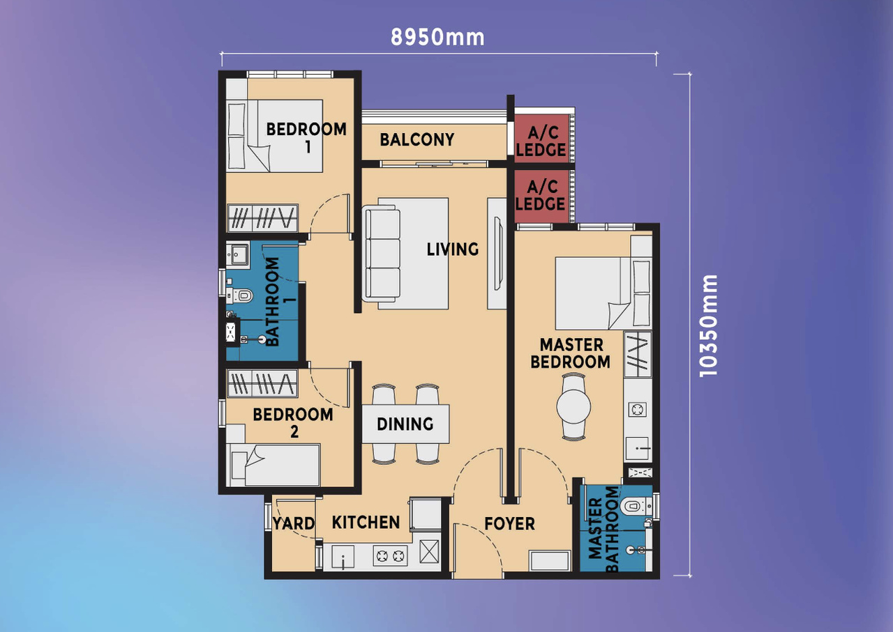 Type F1 3-bedroom dual-key layout plan for Brixton Tower and Dover Tower at Causewayz Square @ JBCC, with approximately 850 sq.ft. built-up area.