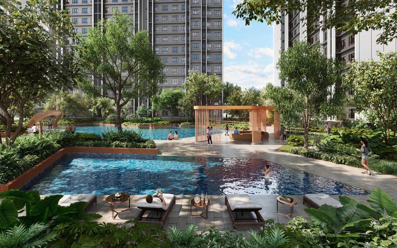 Whispering Pool facilities at Causewayz Square @ JBCC with landscaped pool deck, lounge seating and leisure environment.