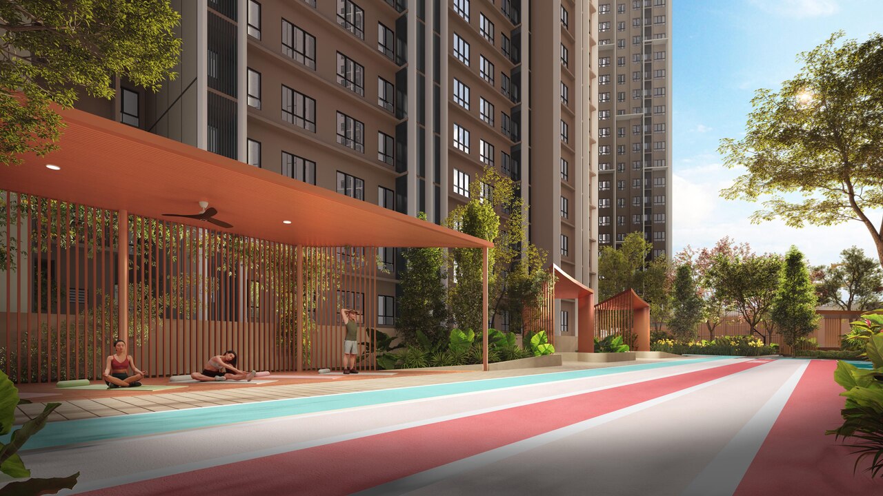 Yoga deck at Causewayz Square @ JBCC with outdoor wellness space, landscaped surroundings and residential tower backdrop.